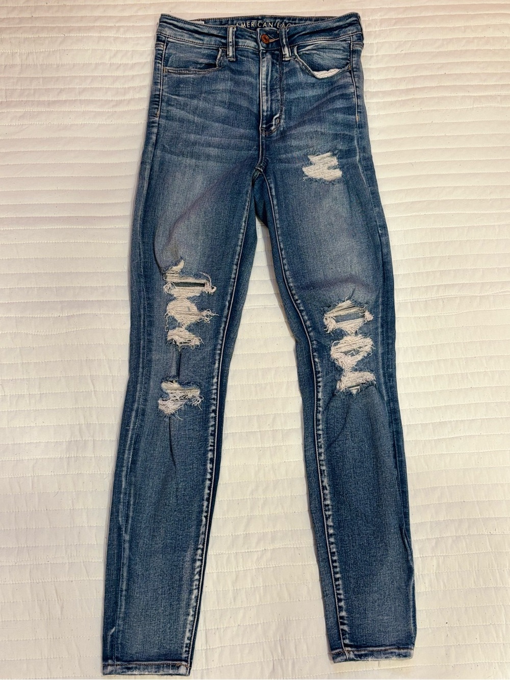 American Eagle Next Level Stretch Highest Rise Jeggings Distressed Denim 6 Long